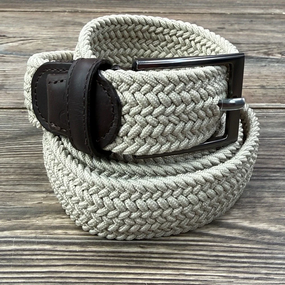 Collars‎ & Co Mens Size XXXL Woven Stretch Belt Beige Leather Trim Golf
